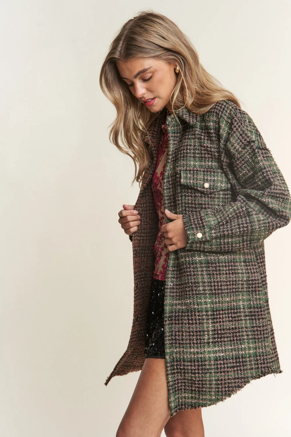 J.NNA Snap Down Tweed Plaid Contrast Longline Shacket sold by Charming Charlie product image thumbnail 2