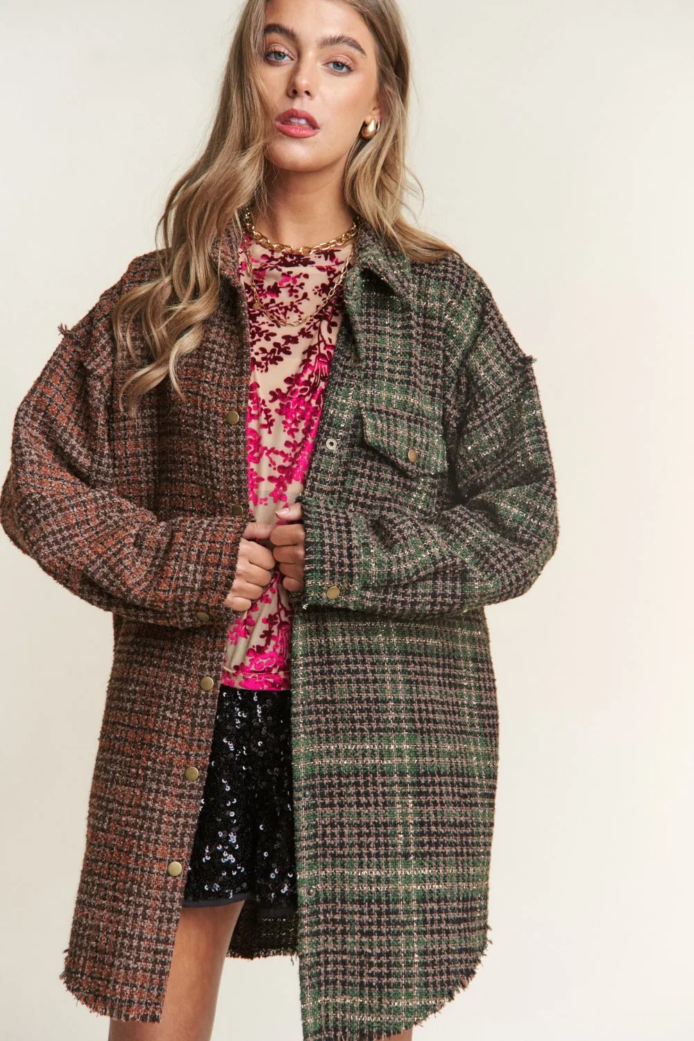 J.NNA Snap Down Tweed Plaid Contrast Longline Shacket sold by Charming Charlie product image thumbnail 3