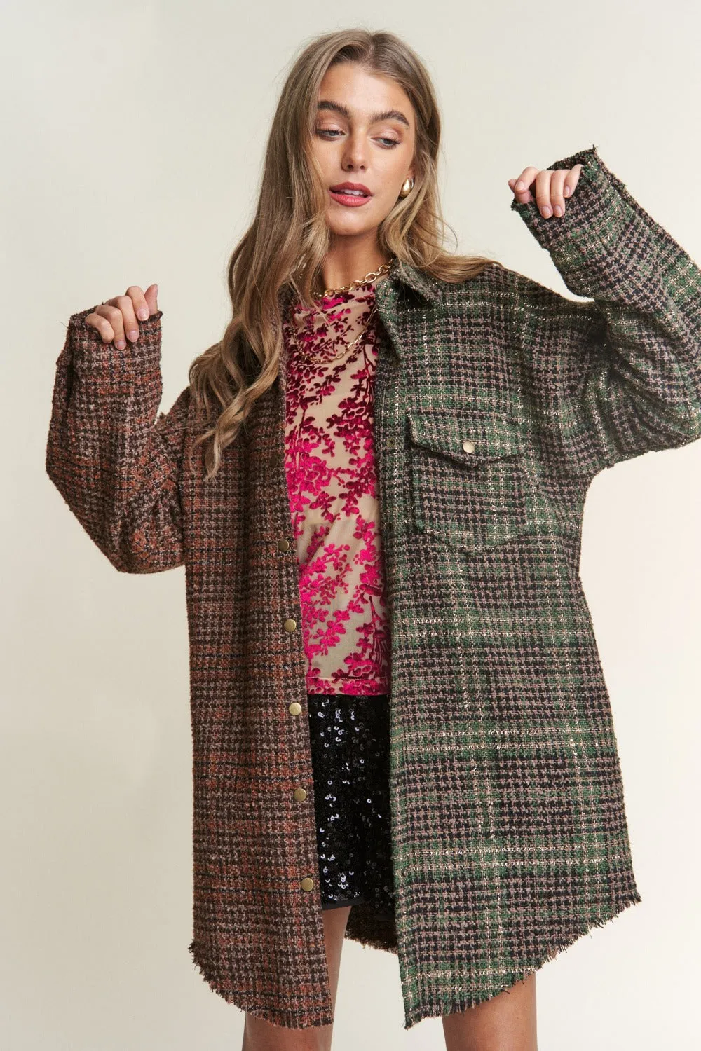 J.NNA Snap Down Tweed Plaid Contrast Longline Shacket sold by Charming Charlie
