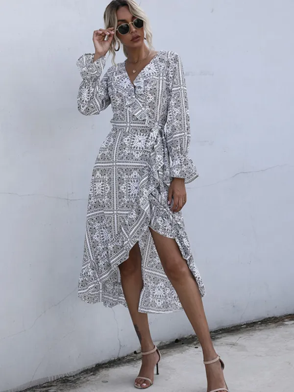 Perfee Ruffled Slit Surplice Long Sleeve Dress sold by Charming Charlie