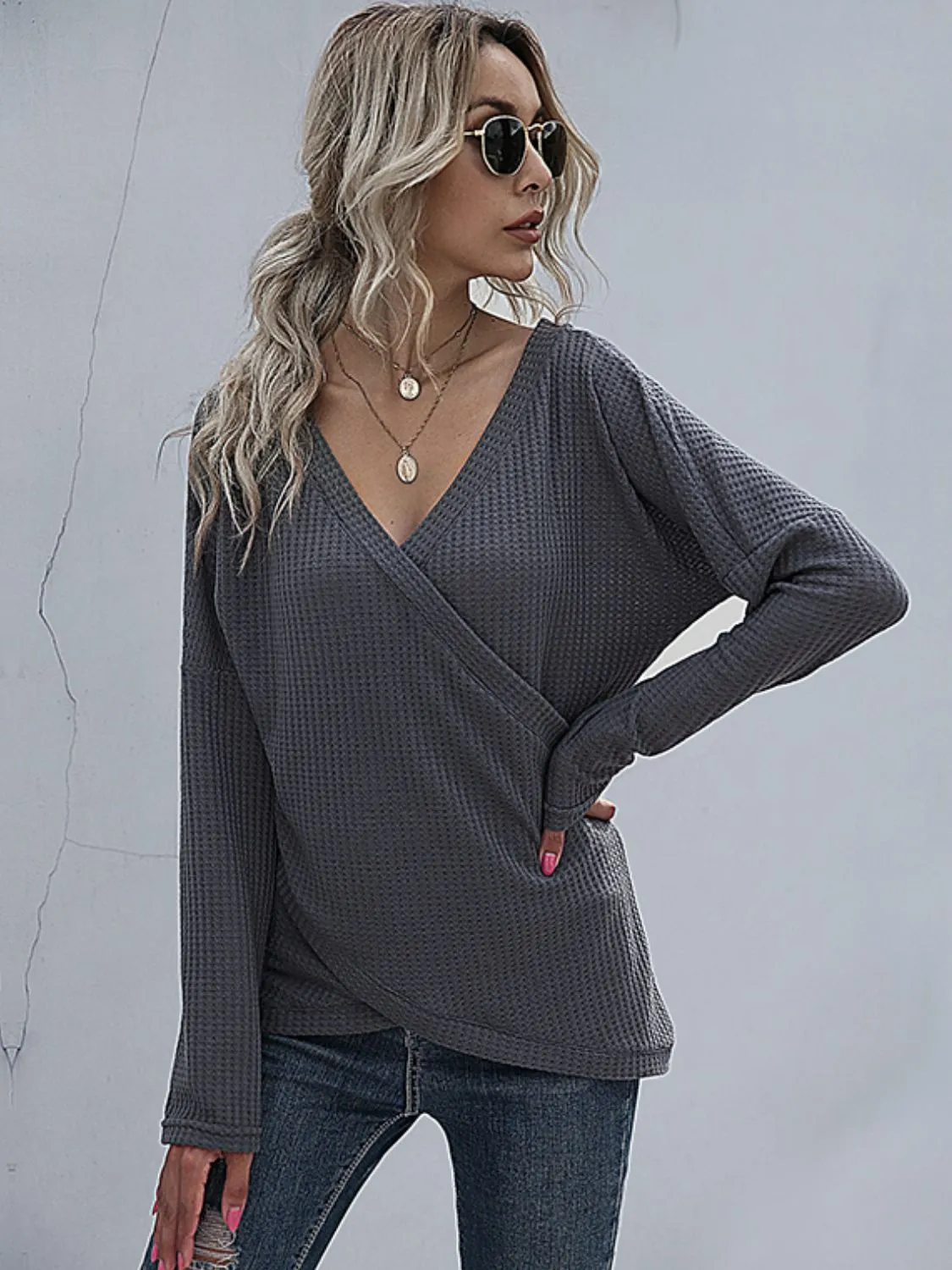 Perfee Waffle-Knit Surplice Long Sleeve Top sold by Charming Charlie product image thumbnail 2