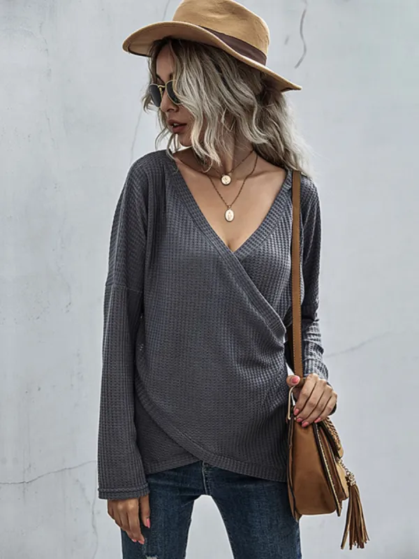 Perfee Waffle-Knit Surplice Long Sleeve Top sold by Charming Charlie