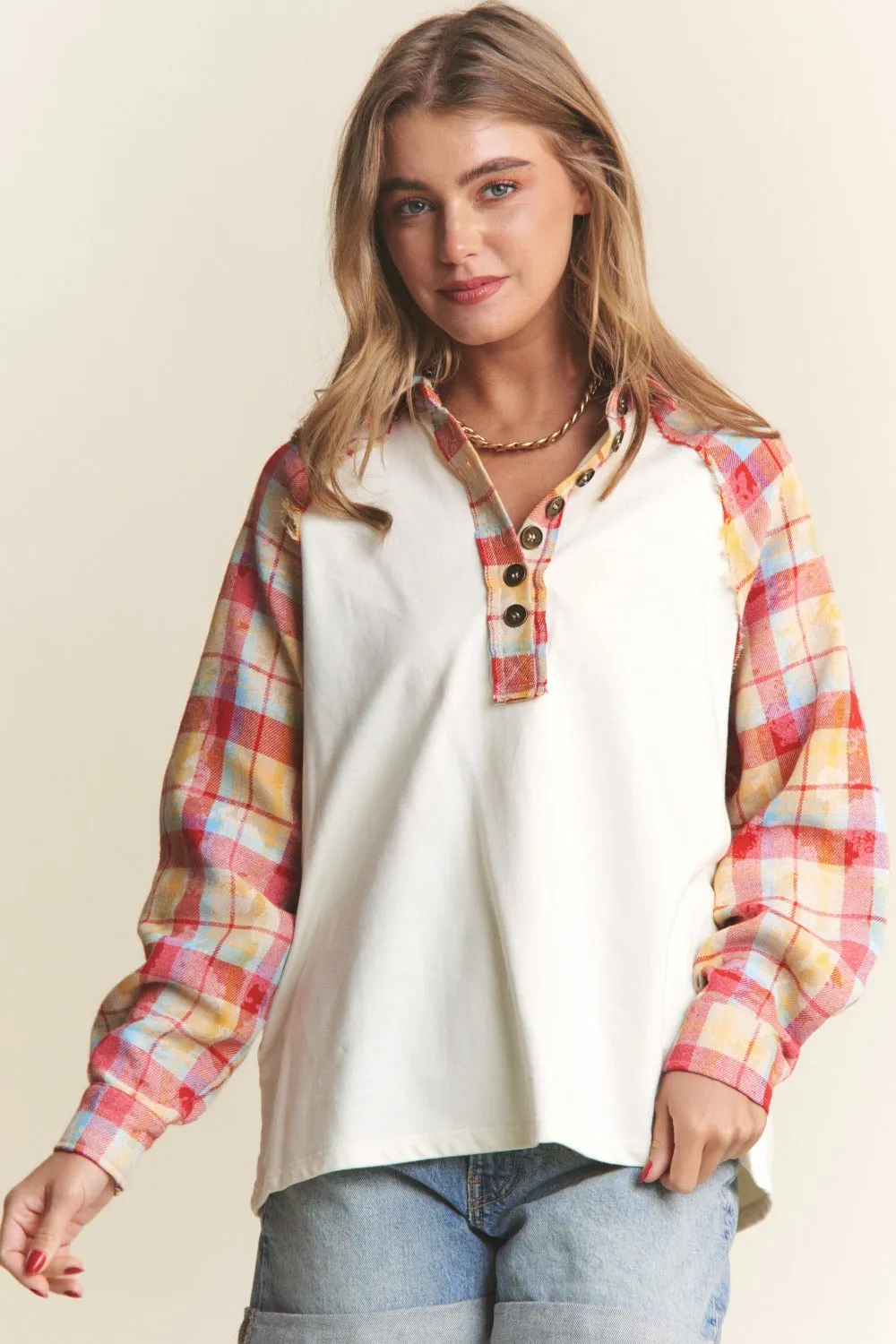 J.NNA Plaid Contrast Button Down Henley Top sold by Charming Charlie product image thumbnail 4