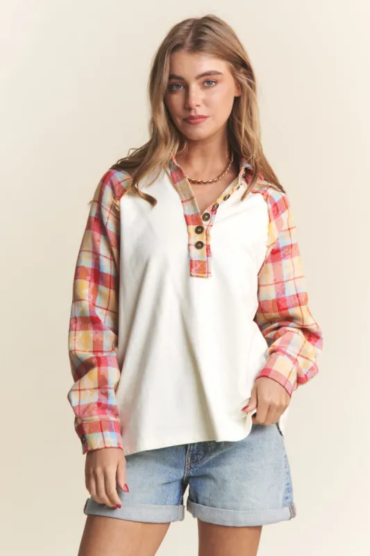 J.NNA Plaid Contrast Button Down Henley Top sold by Charming Charlie