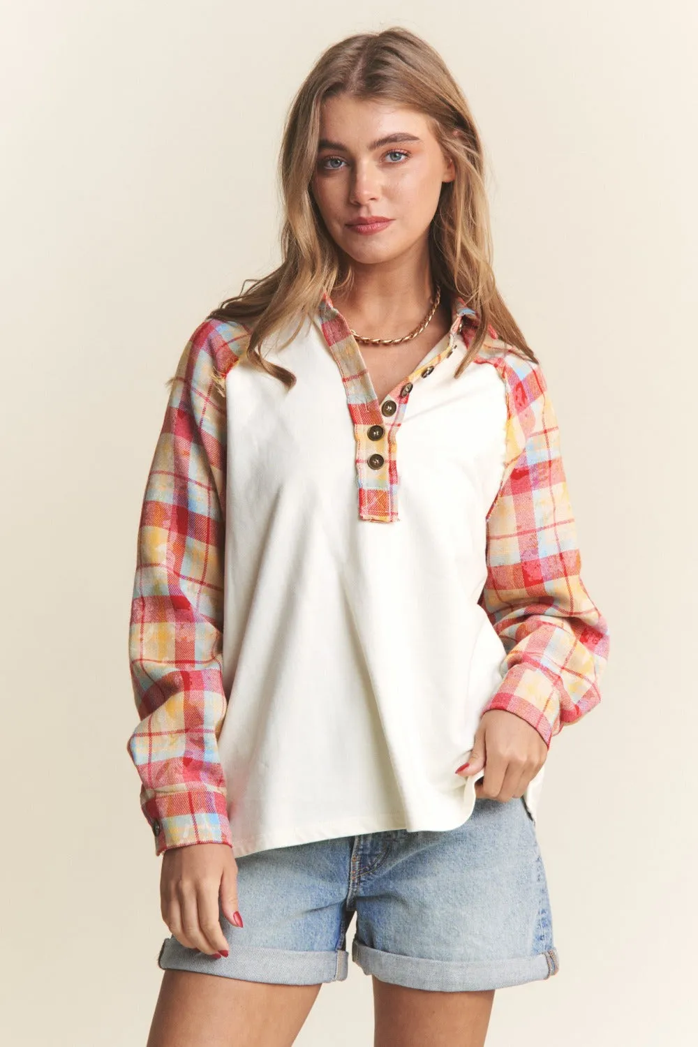 J.NNA Plaid Contrast Button Down Henley Top sold by Charming Charlie