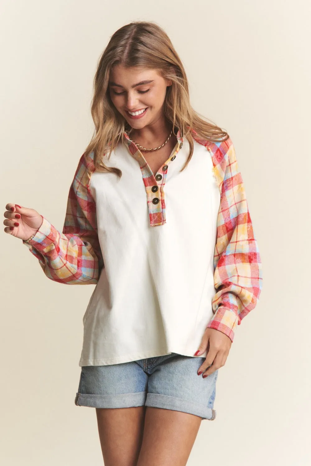 J.NNA Plaid Contrast Button Down Henley Top sold by Charming Charlie product image thumbnail 5