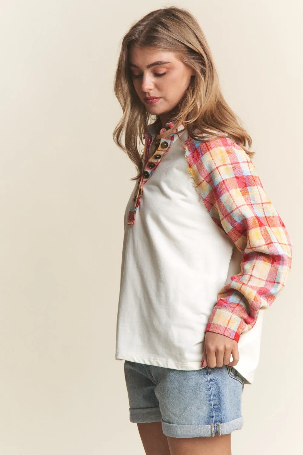 J.NNA Plaid Contrast Button Down Henley Top sold by Charming Charlie product image thumbnail 3