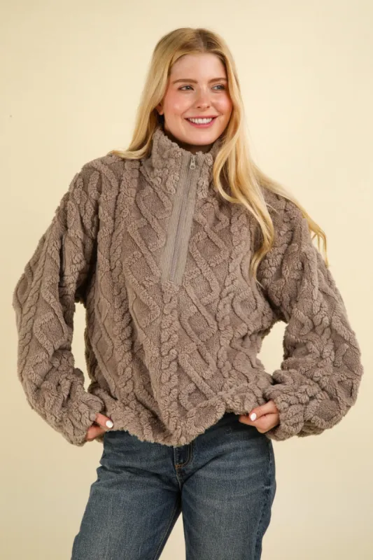 VERY J Fuzzy Fleece Half Zip Cable Pattern Sweatshirt sold by Charming Charlie
