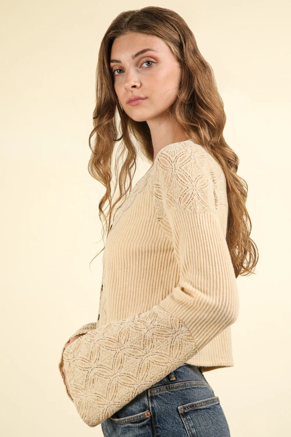 VERY J V-Neck Lace Detail Button Down Crop Ribbed Knit Top sold by Charming Charlie product image thumbnail 3