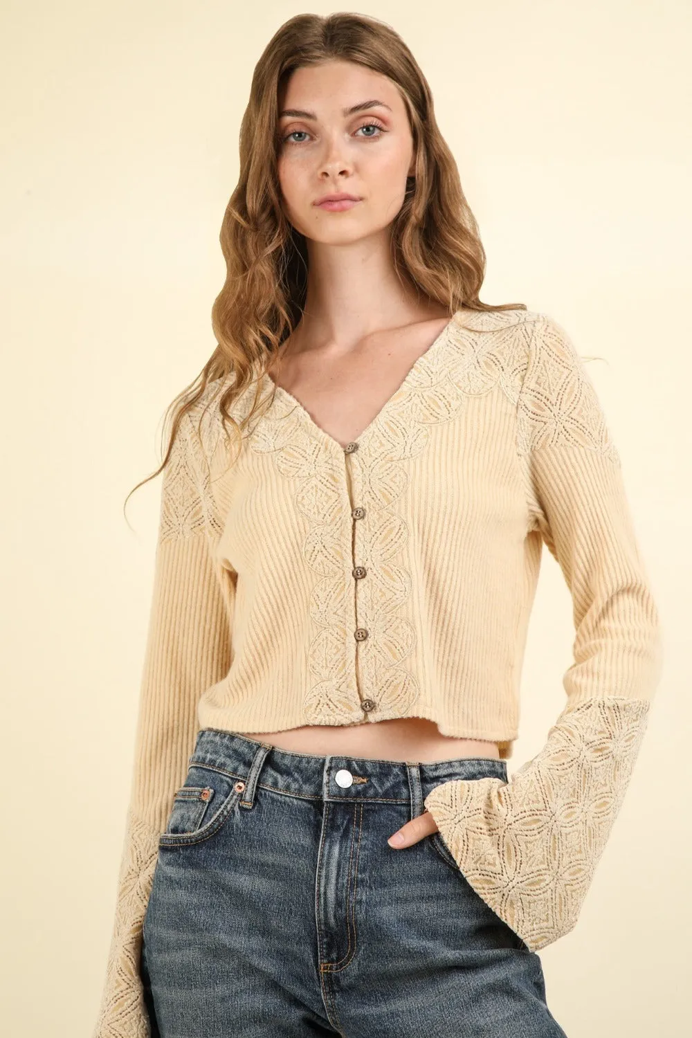 VERY J V-Neck Lace Detail Button Down Crop Ribbed Knit Top sold by Charming Charlie product image thumbnail 4