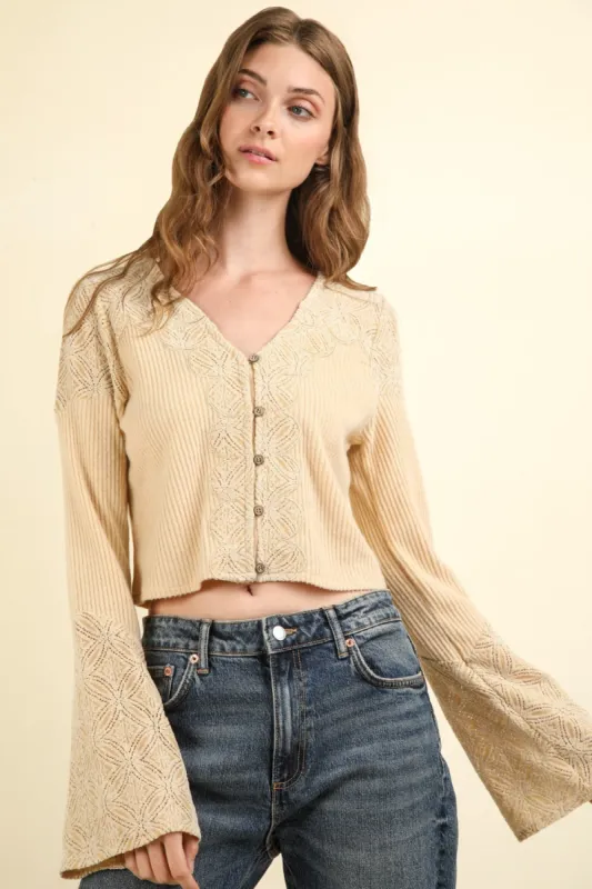 VERY J V-Neck Lace Detail Button Down Crop Ribbed Knit Top sold by Charming Charlie