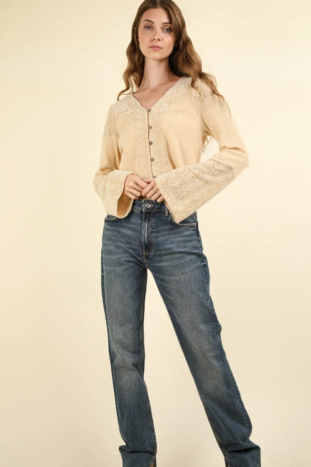 VERY J V-Neck Lace Detail Button Down Crop Ribbed Knit Top sold by Charming Charlie product image thumbnail 5