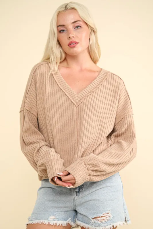 VERY J Exposed Seam V-Neck Ribbed Knit Top sold by Charming Charlie