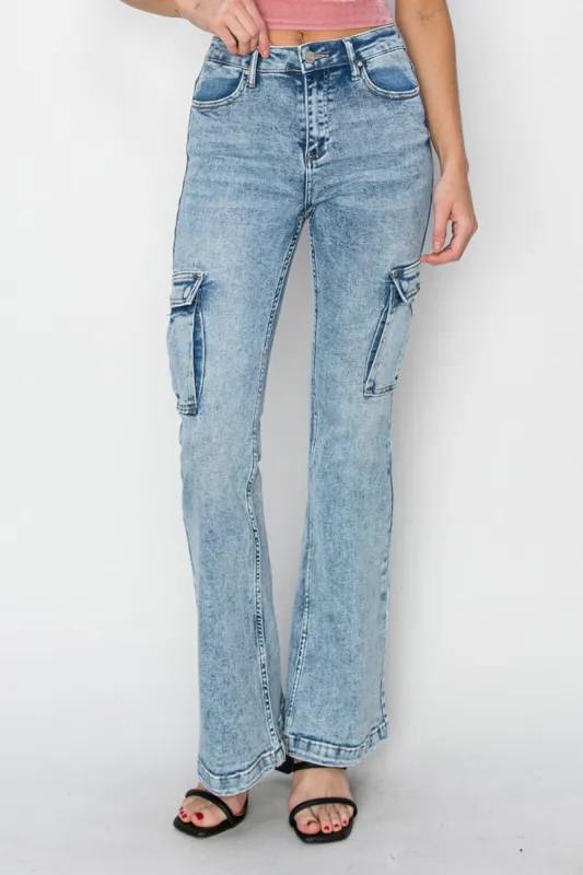 RISEN Full Size High Rise Cargo Flare Jeans made by Charming Charlie