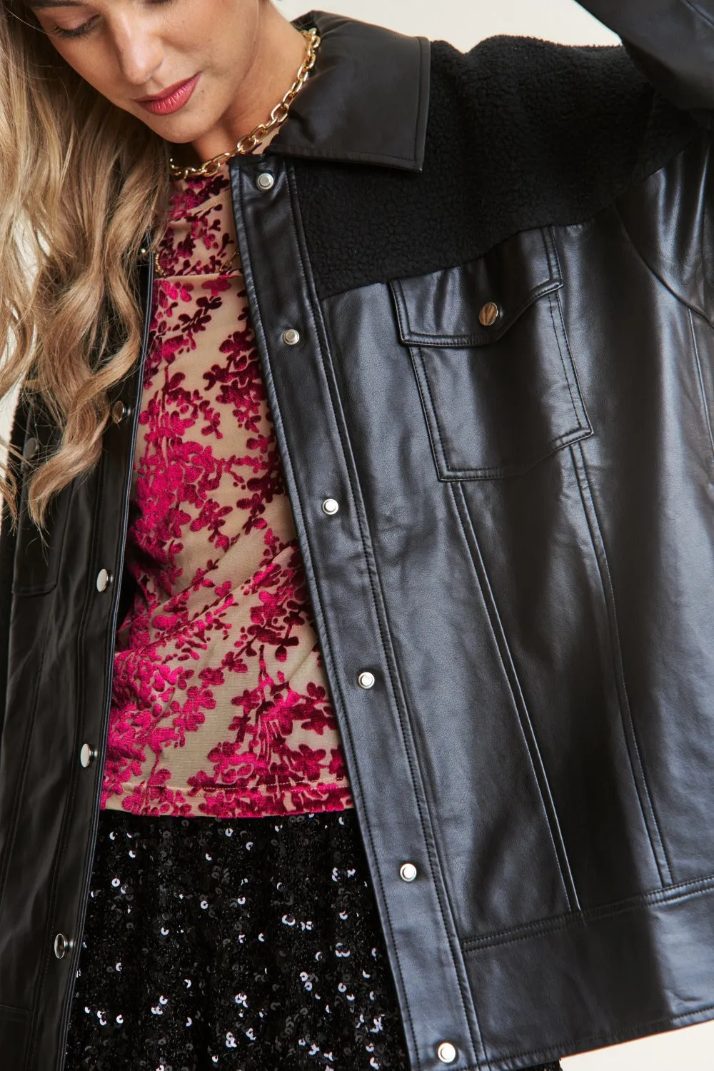 J.NNA Faux Leather Sherpa Contrast Snap Down Jacket sold by Charming Charlie product image thumbnail 5