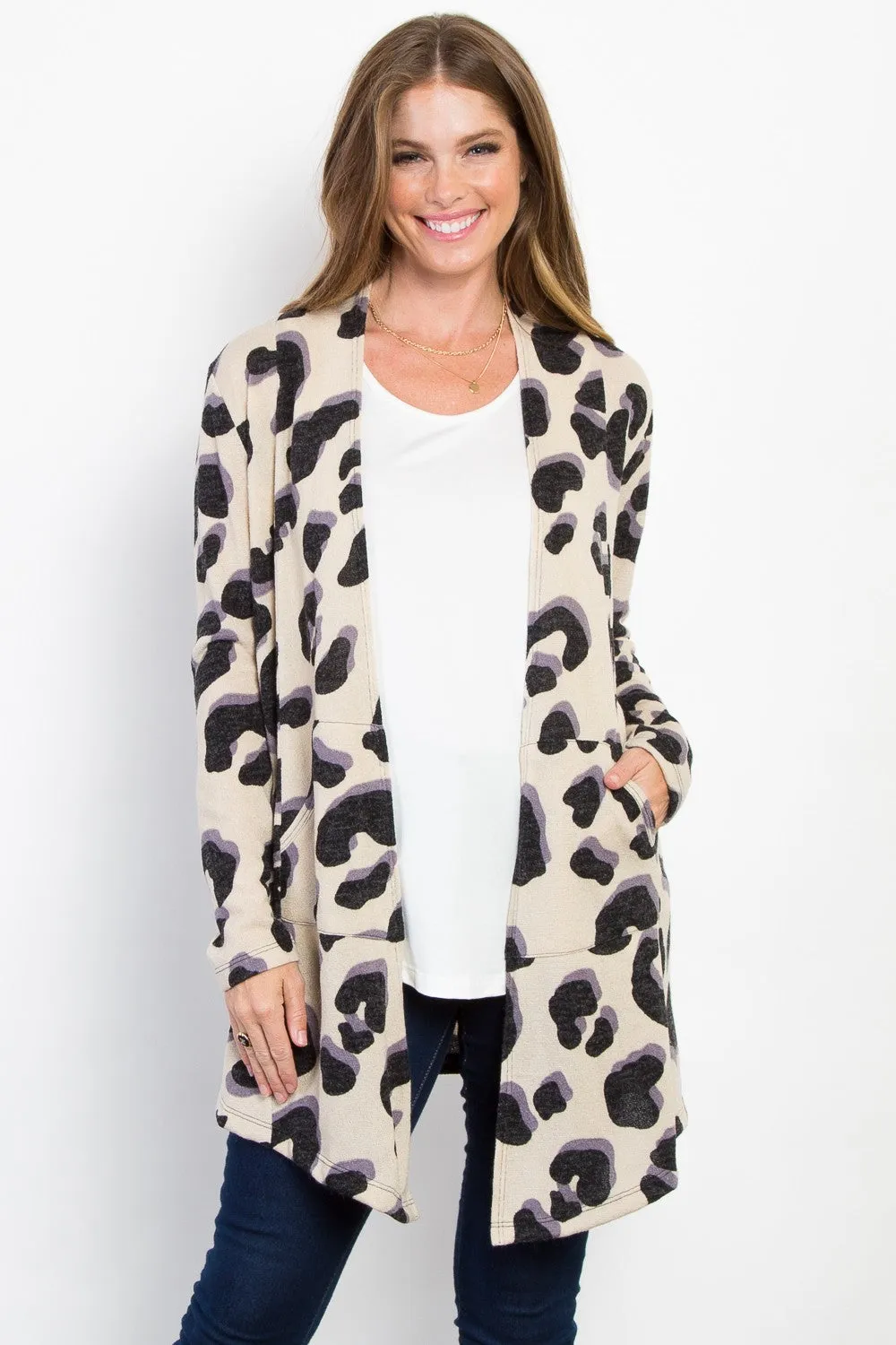 Be Stage Printed Open Front Knit Cardigan with Pockets sold by Charming Charlie