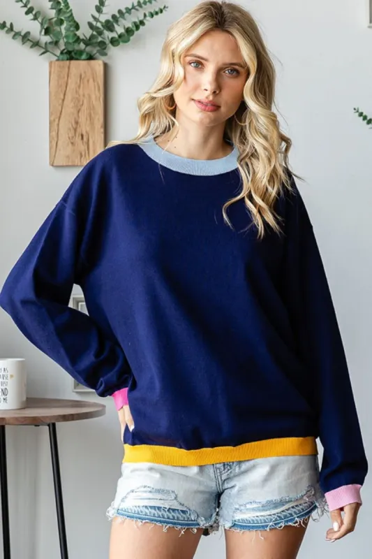 First Love Contrast Ribbed Round Neck Long Sleeve Sweater sold by Charming Charlie