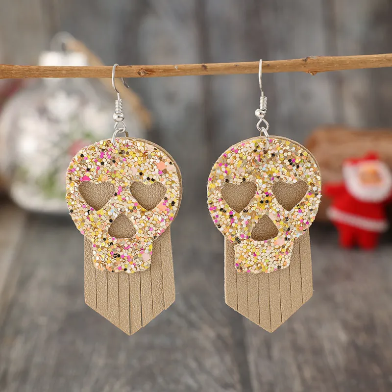 Sequin Skull Dangle PU Leather Earrings sold by Charming Charlie