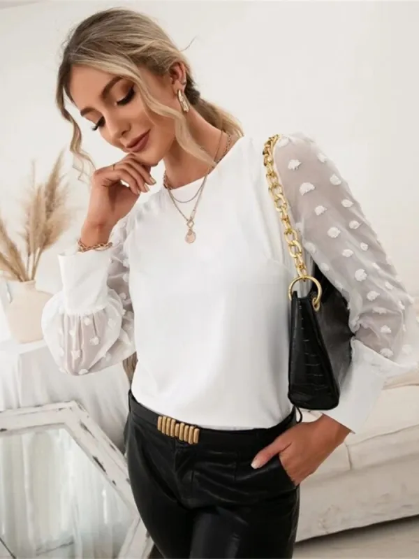 Swiss Dot Round Neck Long Sleeve Blouse sold by Charming Charlie