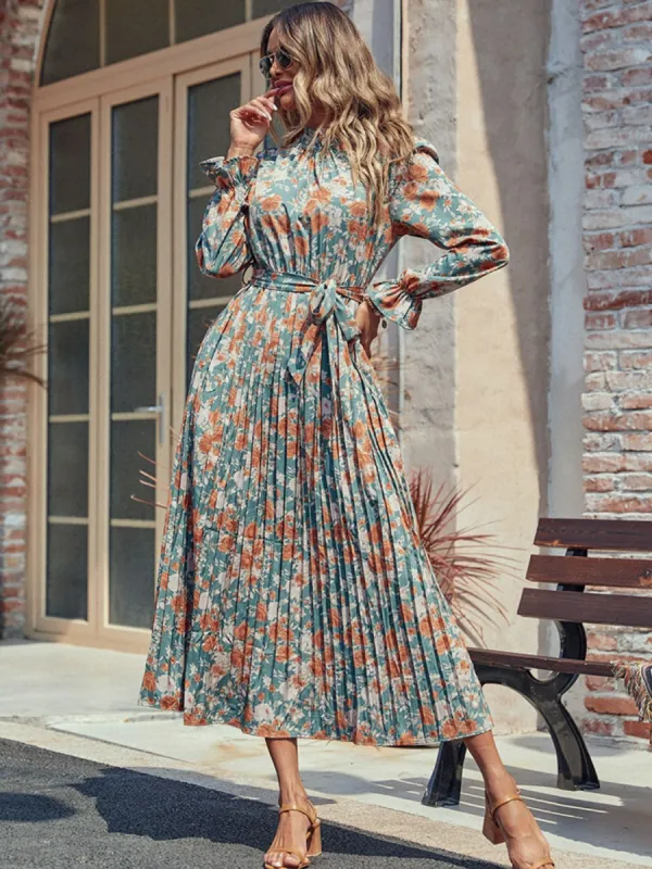 Perfee Tied Pleated Printed Mock Neck Long Sleeve Dress sold by Charming Charlie