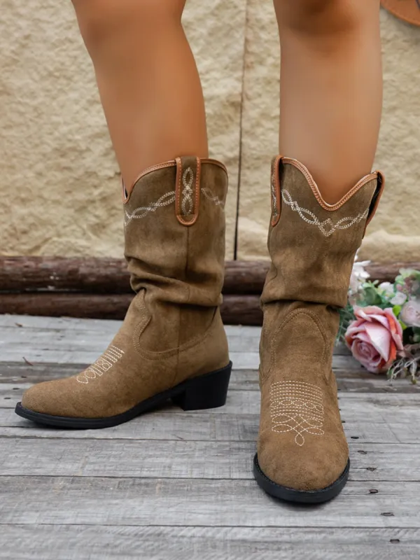 Embroidered Point Toe Block Heel Boots sold by Charming Charlie