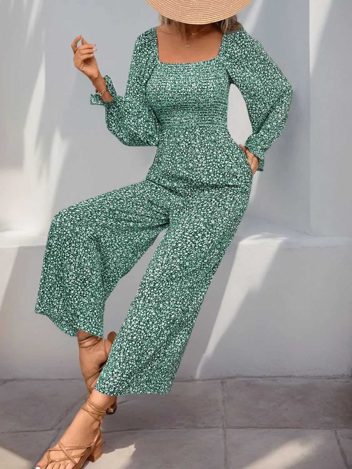 Perfee Smocked Printed Long Sleeve Wide Leg Jumpsuit sold by Charming Charlie product image thumbnail 4
