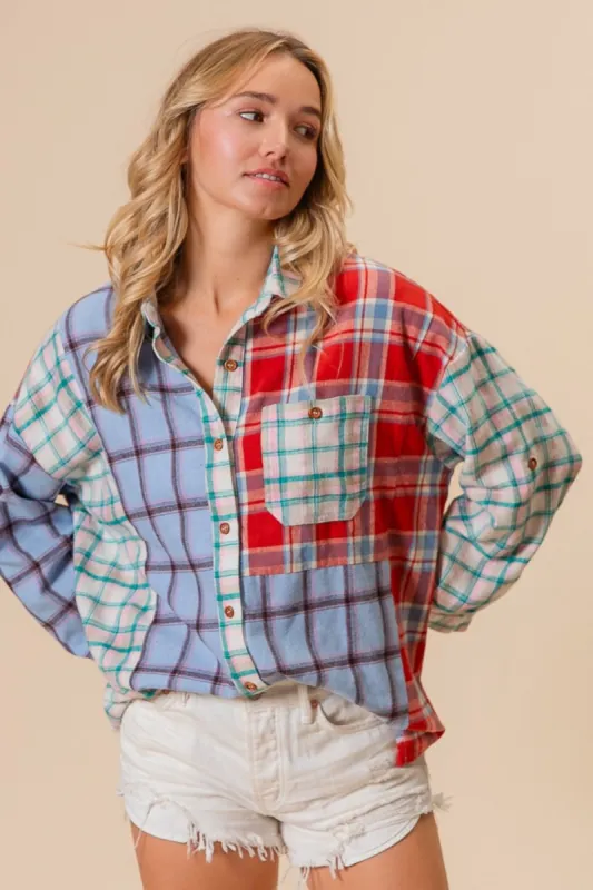 BiBi Color Block Plaid Button Down Shirt sold by Charming Charlie