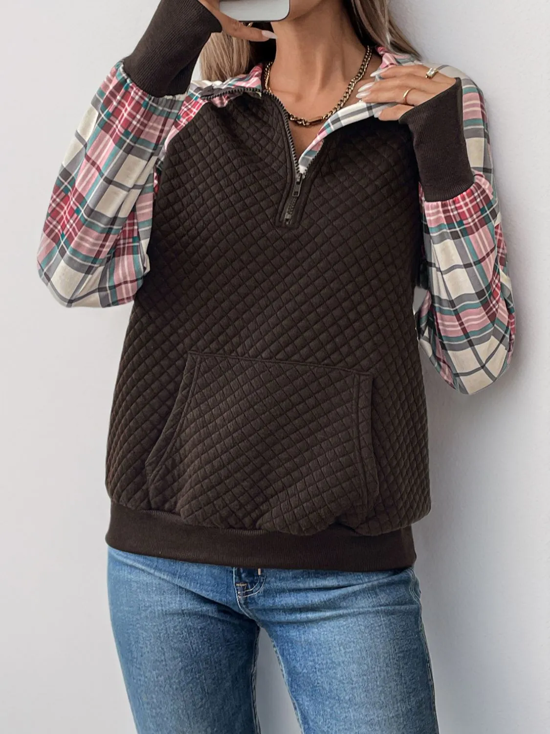 Perfee Plaid Half Zip Long Sleeve Sweatshirt sold by Charming Charlie product image thumbnail 5