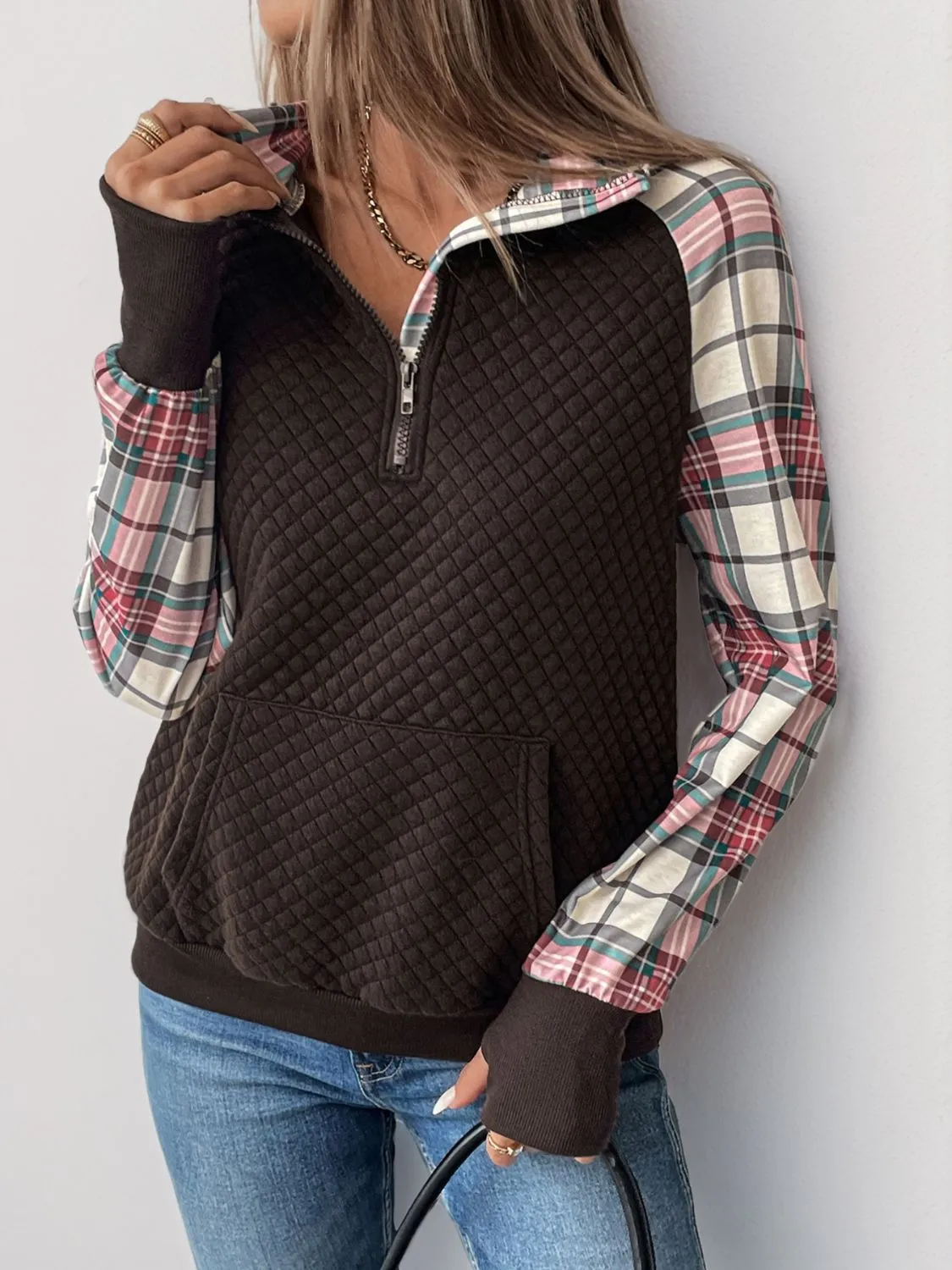 Perfee Plaid Half Zip Long Sleeve Sweatshirt sold by Charming Charlie product image thumbnail 3