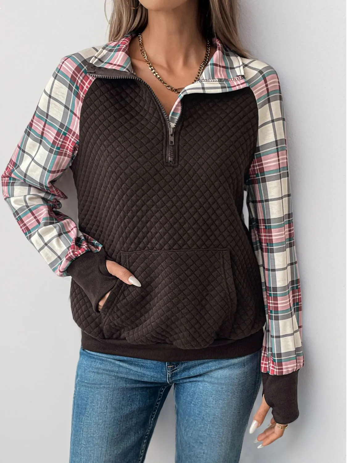 Perfee Plaid Half Zip Long Sleeve Sweatshirt sold by Charming Charlie product image thumbnail 4