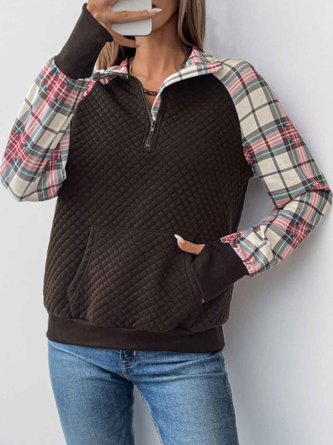 Perfee Plaid Half Zip Long Sleeve Sweatshirt sold by Charming Charlie