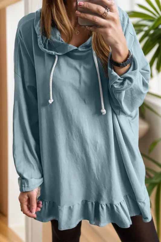 Drawstring Ruffled Dropped Shoulder Long Sleeve Hoodie sold by Charming Charlie