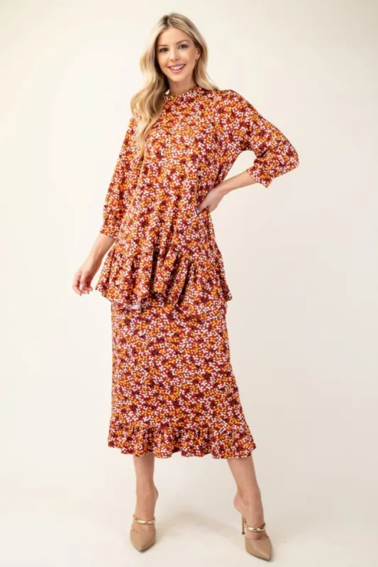 Celeste Full Size Floral Ruffled Top and Midi Skirt Set sold by Charming Charlie