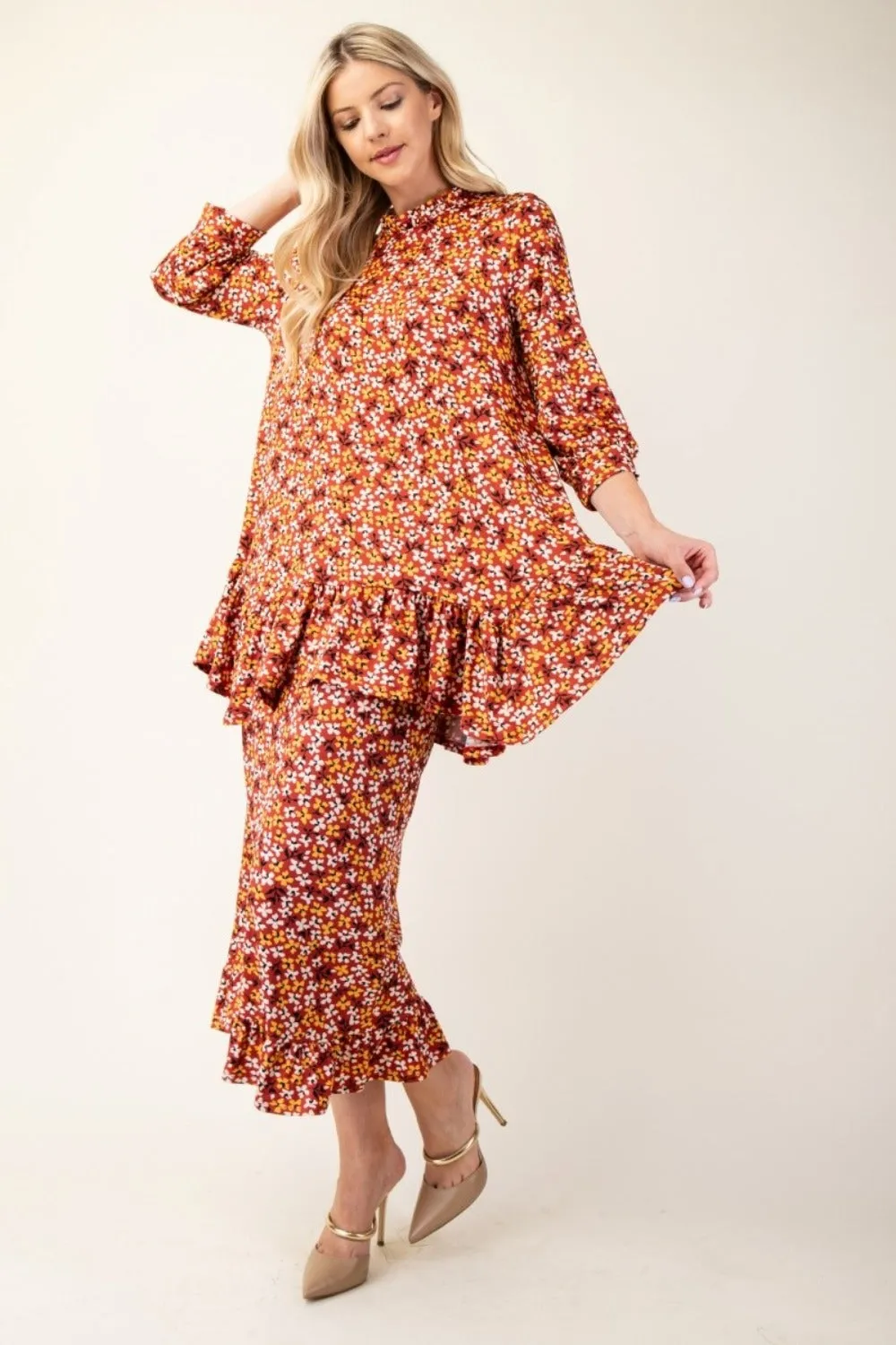 Celeste Full Size Floral Ruffled Top and Midi Skirt Set sold by Charming Charlie product image thumbnail 2