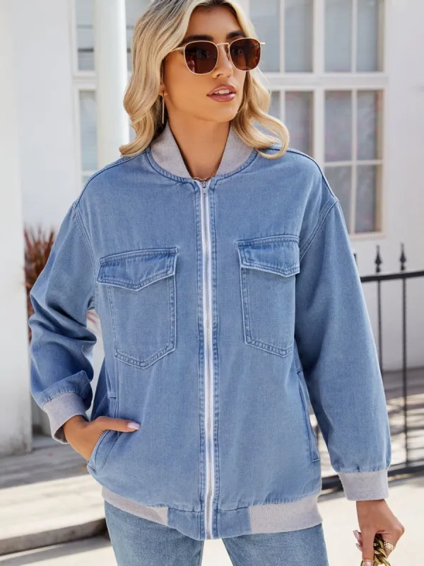 Pocketed Zip Up Baseball Collar Denim Jacket sold by Charming Charlie