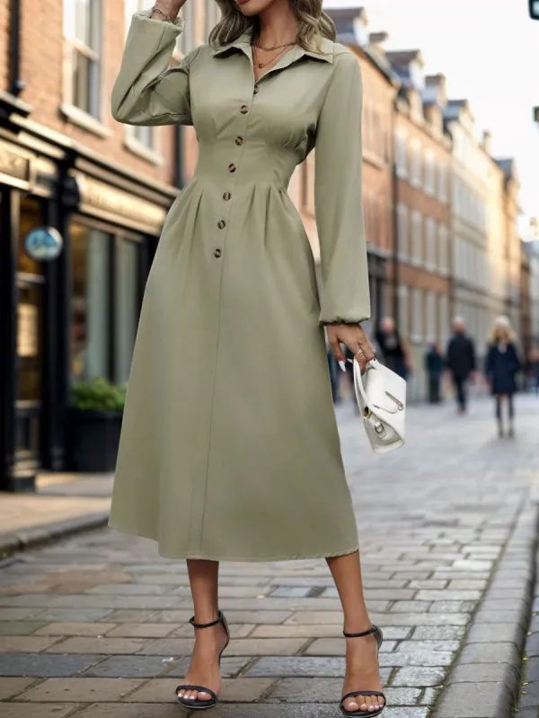 Perfee Smocked Half Button Long Sleeve Dress sold by Charming Charlie