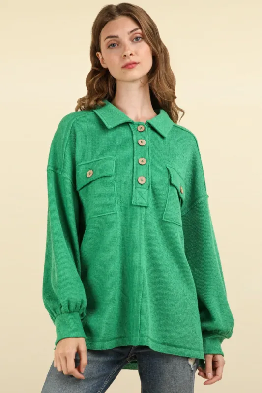 VERY J Collared Half Button Knit Top with Pockets sold by Charming Charlie