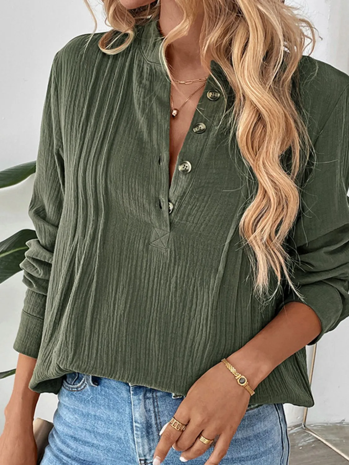 Perfee Textured Notched Long Sleeve Blouse sold by Charming Charlie product image thumbnail 4