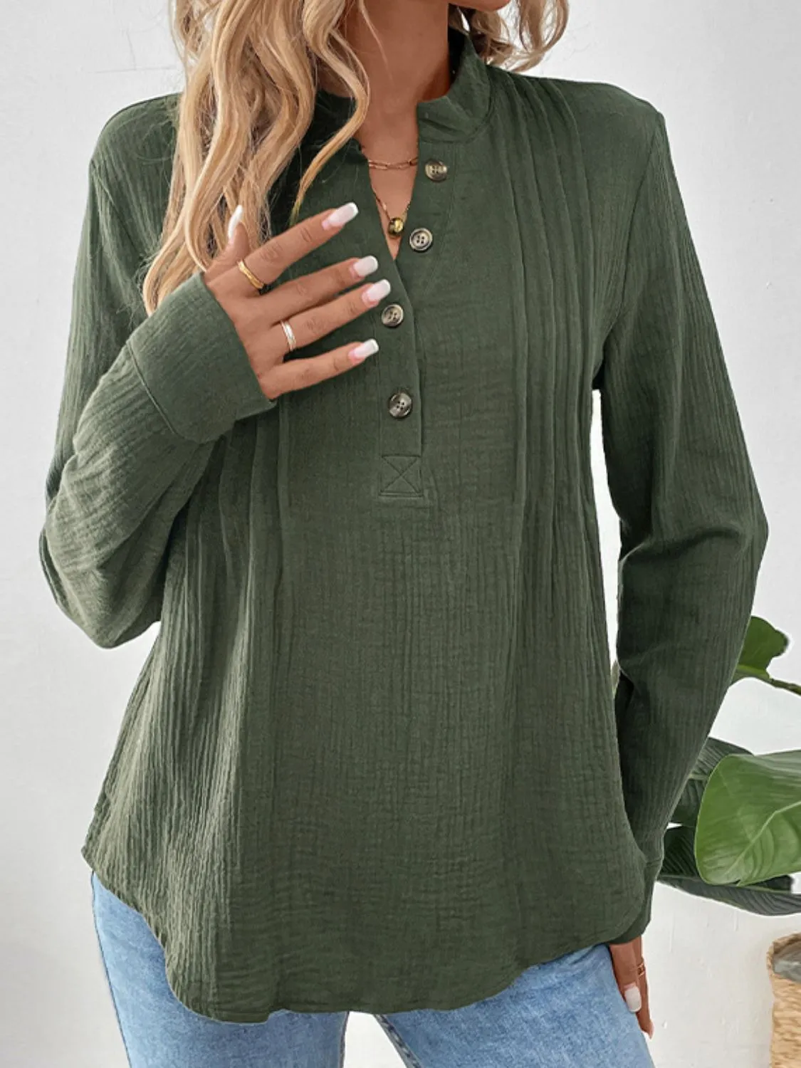 Perfee Textured Notched Long Sleeve Blouse sold by Charming Charlie