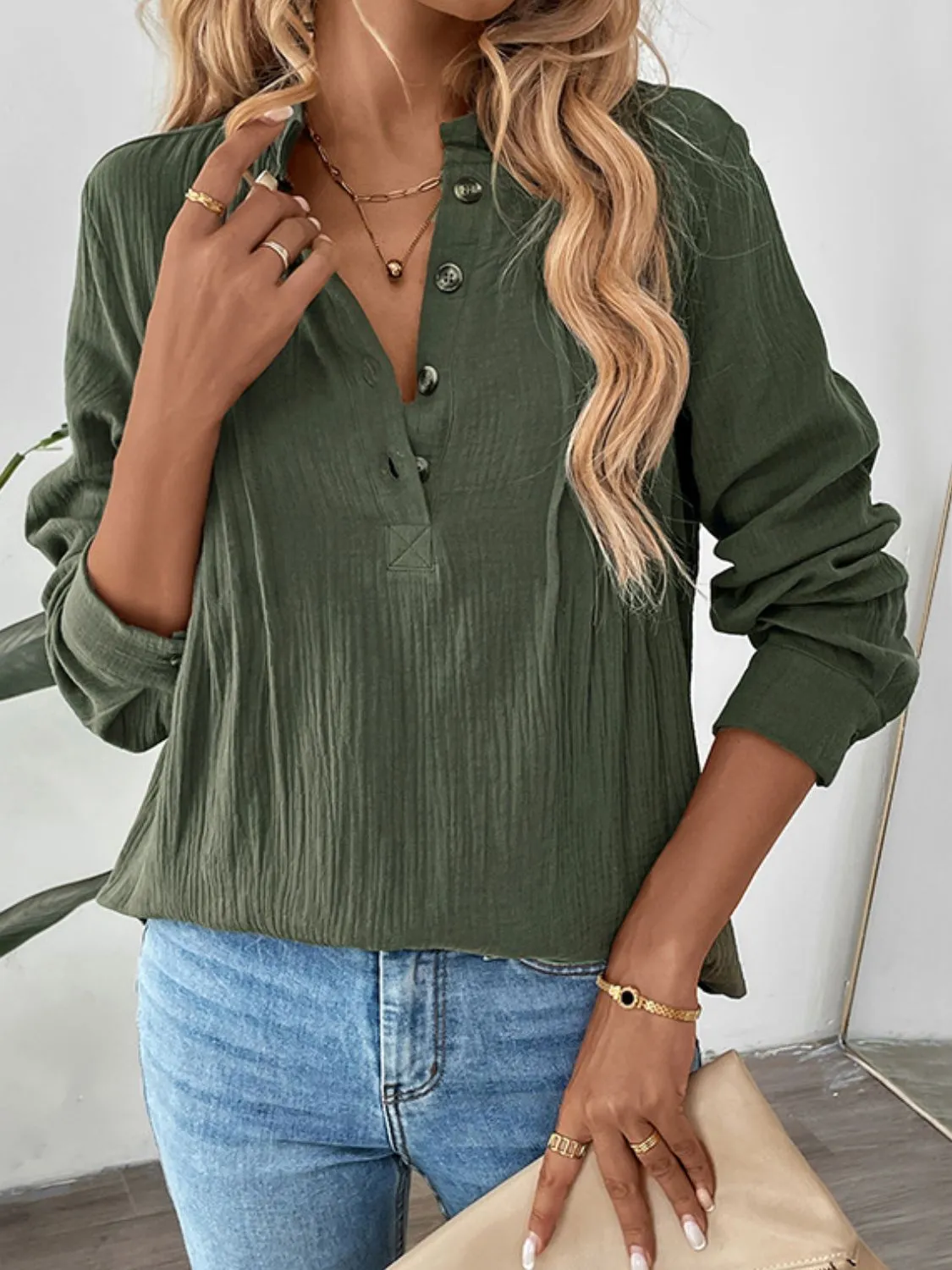 Perfee Textured Notched Long Sleeve Blouse sold by Charming Charlie product image thumbnail 5