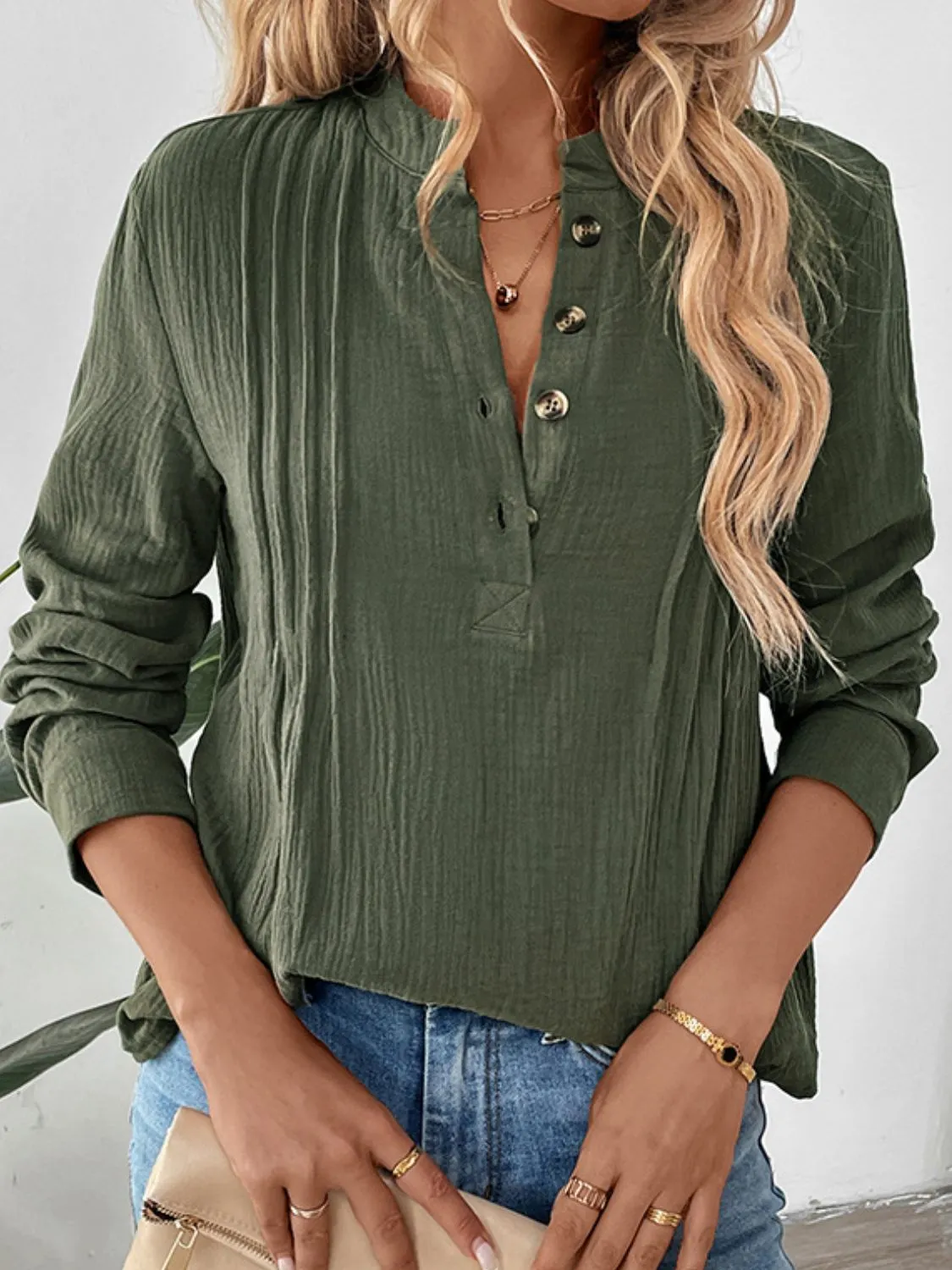 Perfee Textured Notched Long Sleeve Blouse sold by Charming Charlie product image thumbnail 3
