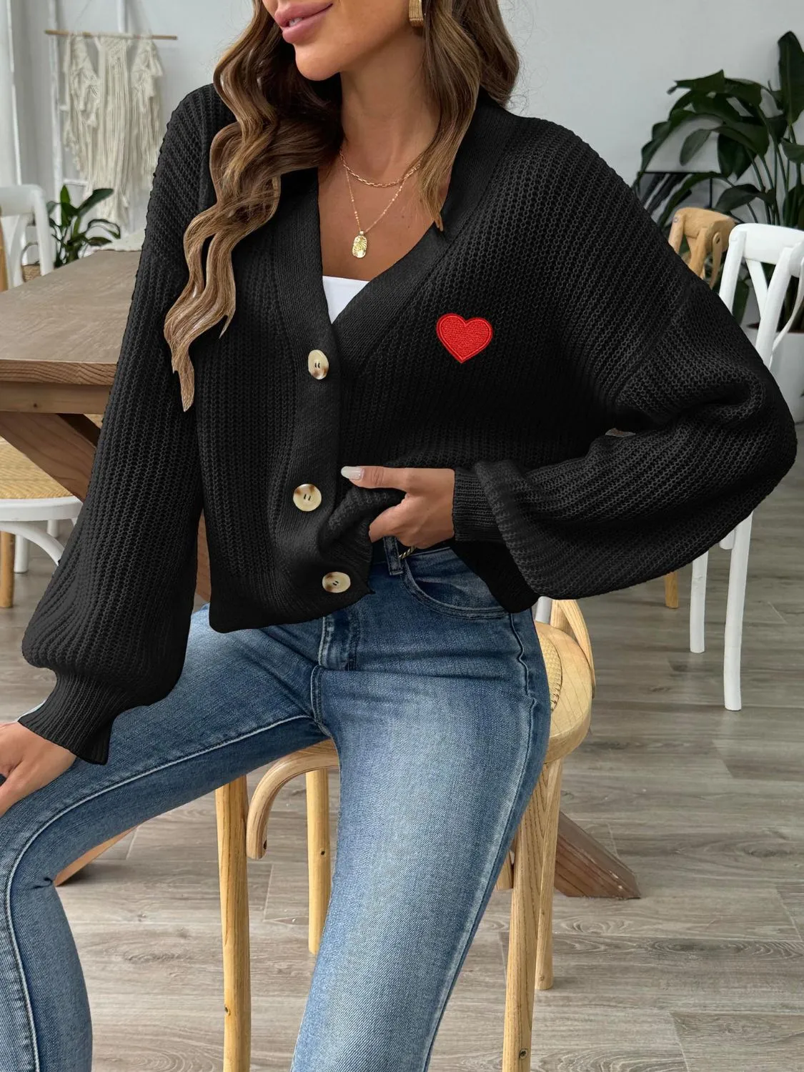 Heart Button Down V-Neck Long Sleeve Cardigan sold by Charming Charlie product image thumbnail 4