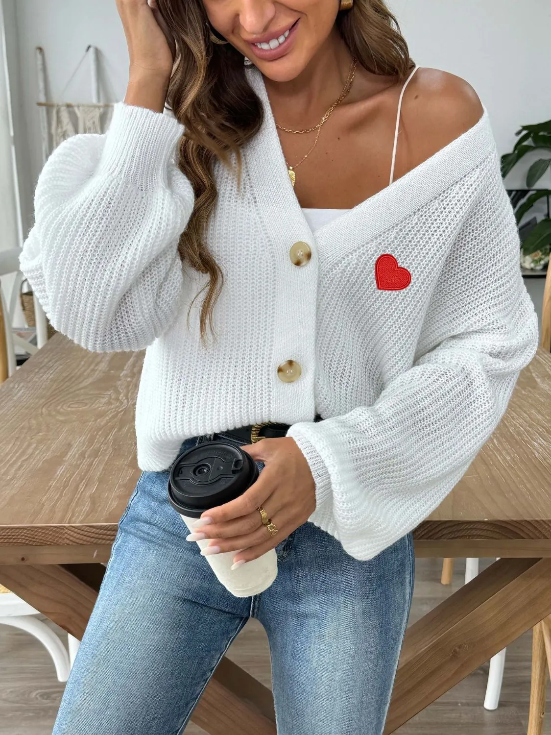 Heart Button Down V-Neck Long Sleeve Cardigan sold by Charming Charlie product image thumbnail 5