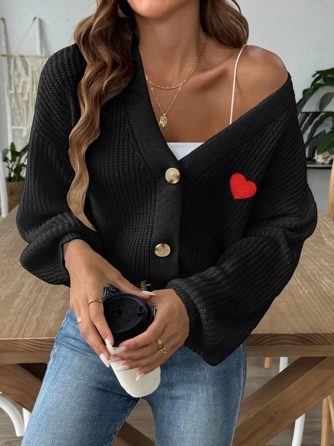 Heart Button Down V-Neck Long Sleeve Cardigan sold by Charming Charlie product image thumbnail 3