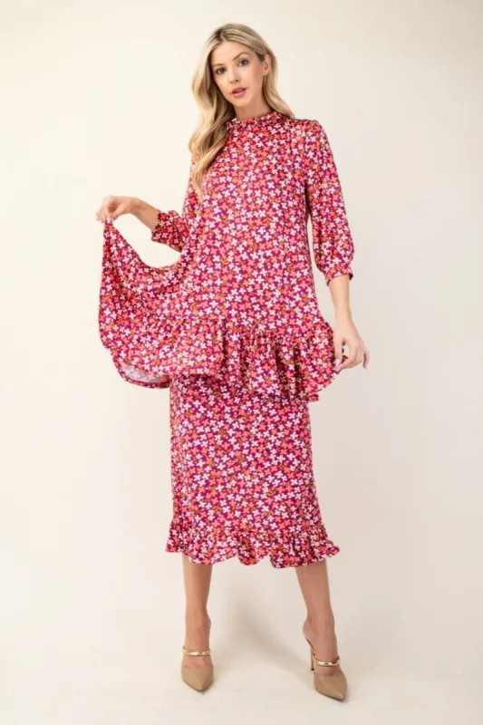 Celeste Full Size Floral Ruffled Top and Midi Skirt Set sold by Charming Charlie