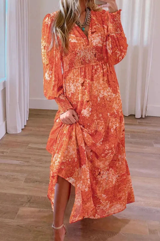 Smocked Printed V-Neck Long Sleeve Dress sold by Charming Charlie