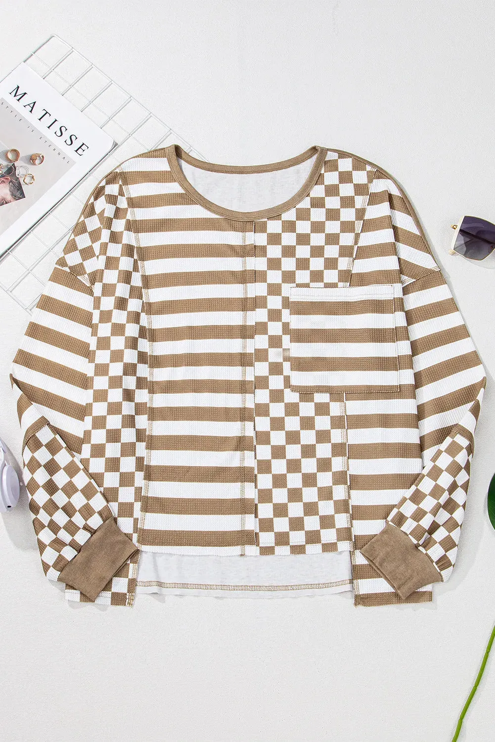 Checker & Stripes Round Neck Long Sleeve Blouse sold by Charming Charlie product image thumbnail 2