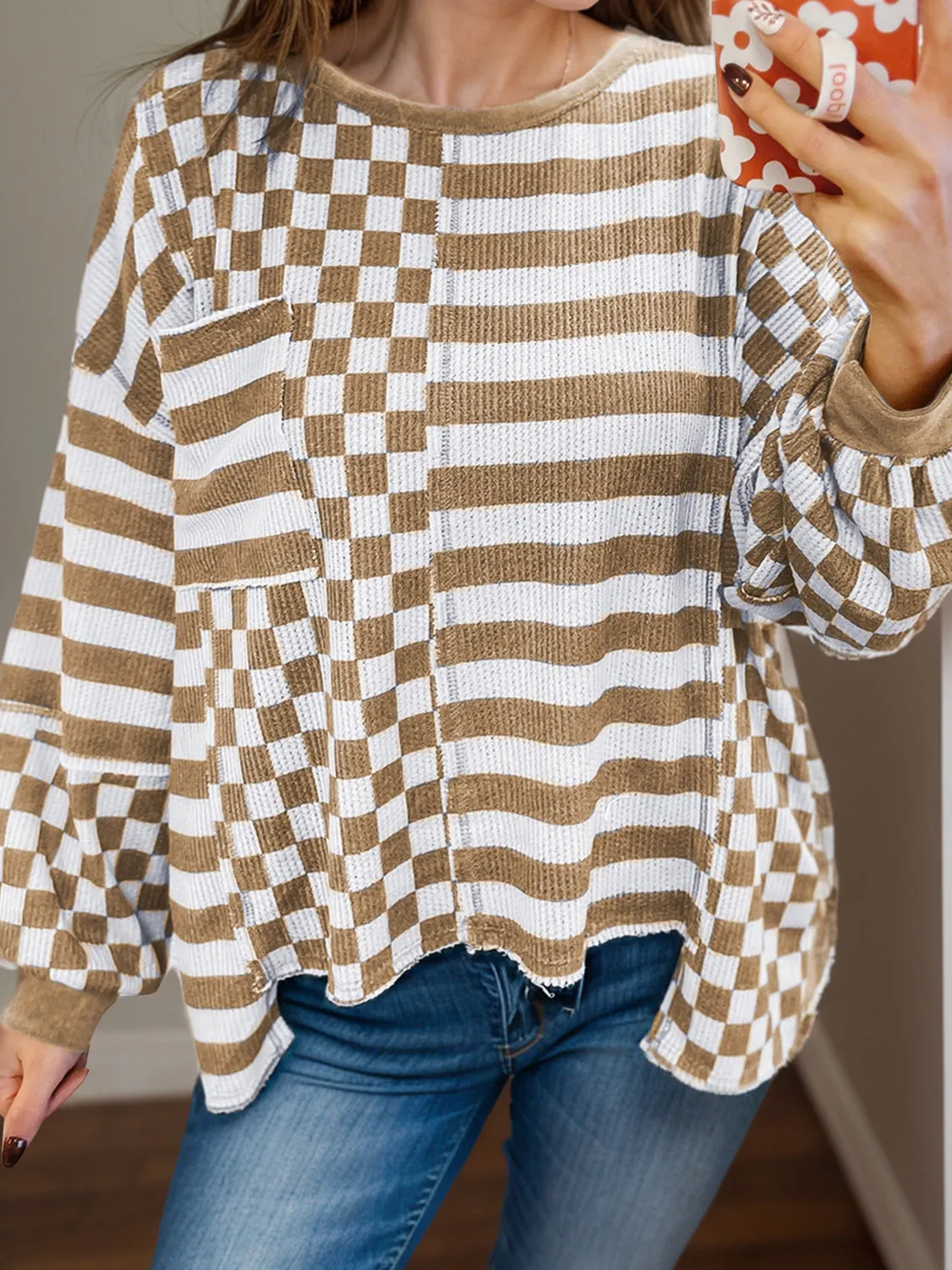 Checker & Stripes Round Neck Long Sleeve Blouse sold by Charming Charlie