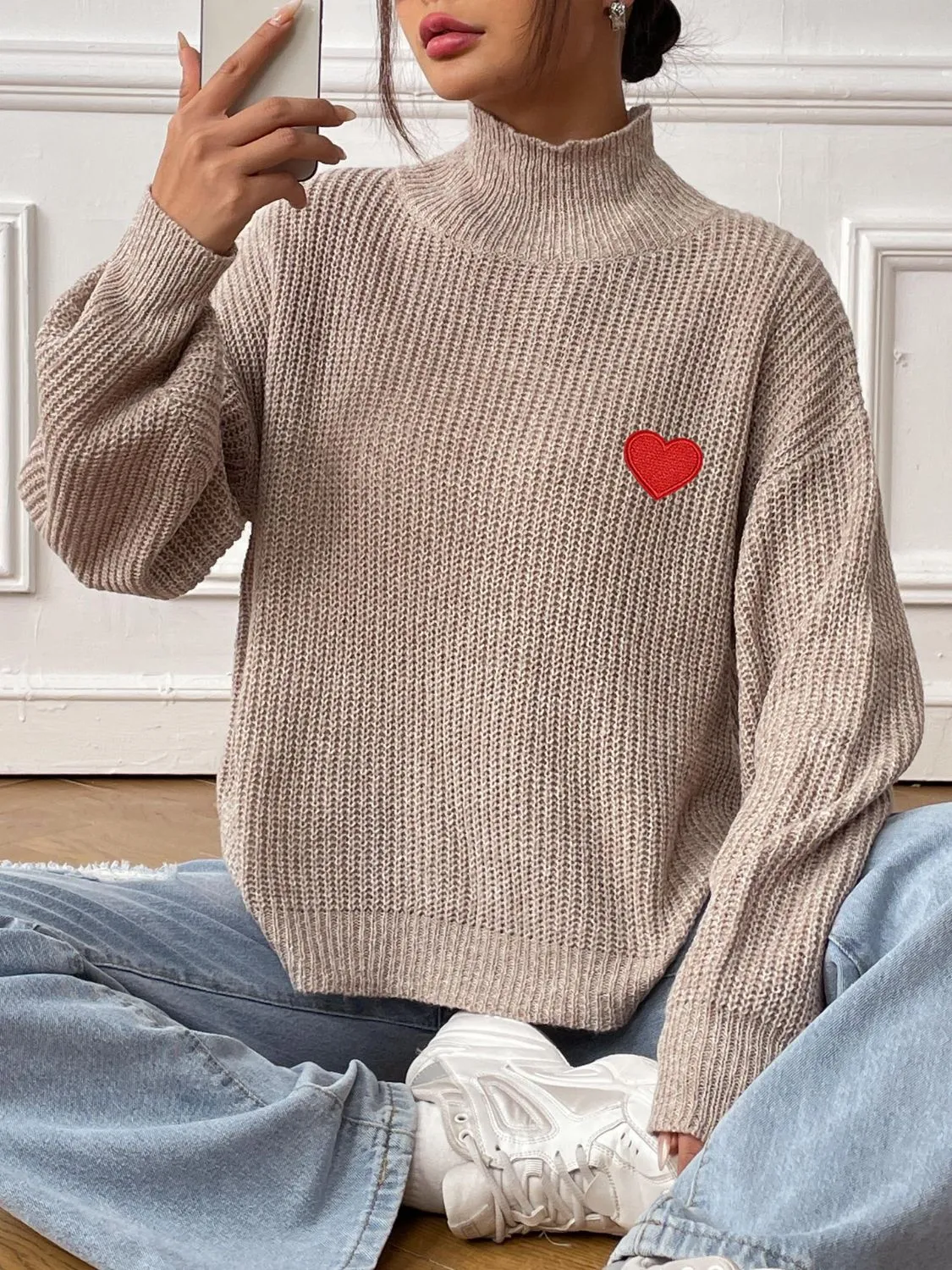 Heart Turtleneck Dropped Shoulder Long Sleeve Sweater sold by Charming Charlie