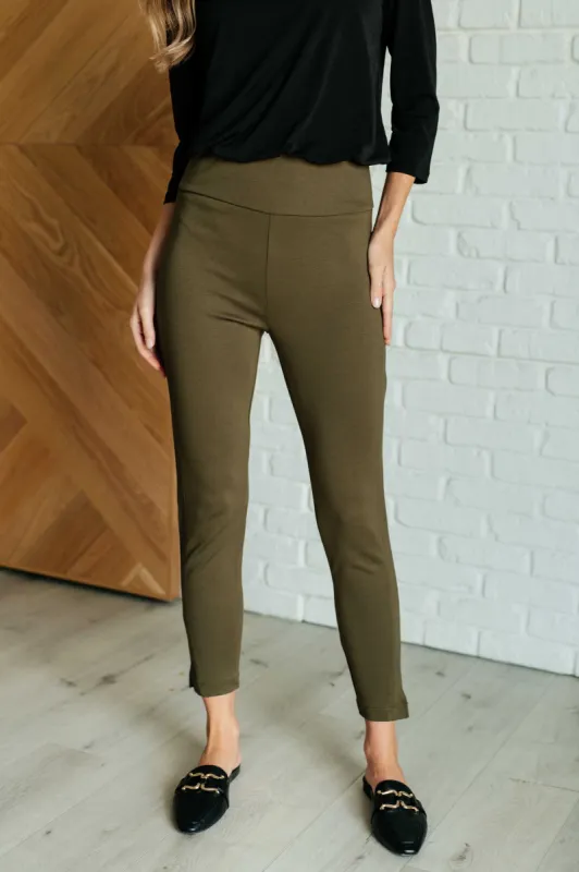 Magic Ankle Crop Skinny Pants in Olive sold by Charming Charlie